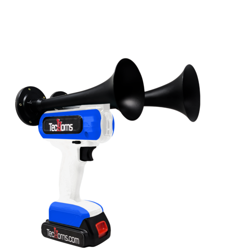 TecHorns White and Blue 2-Horn – dual color compact handheld train horn, 20V lithium battery powered, 130 dB