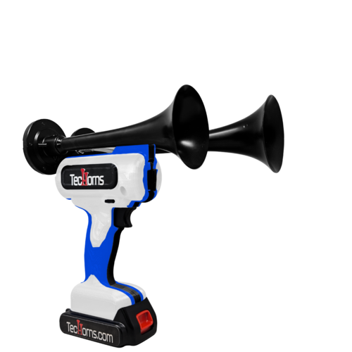 TecHorns White, Blue, and Black 2-Horn – triple color handheld train horn, 130 dB loud with 20 V lithium battery and charger included