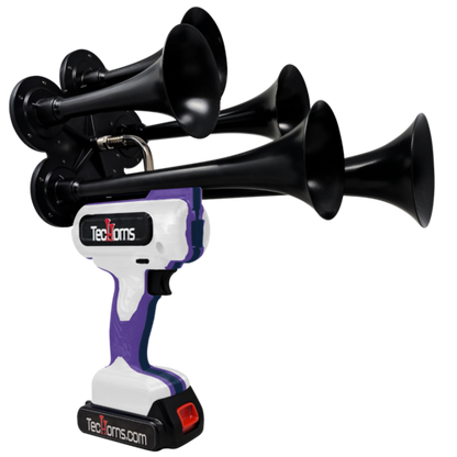 TecHorns White, Purple, and Black 5-Horn – triple color handheld train horn, 130 dB with 20 V lithium battery powered design