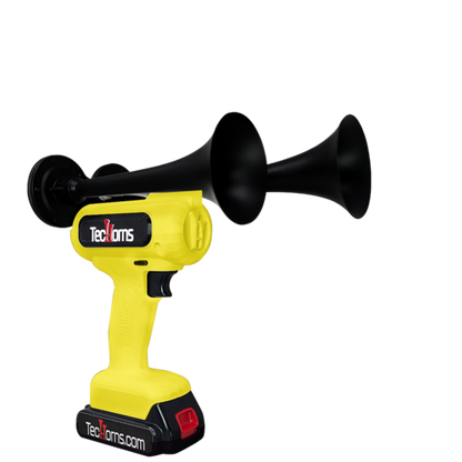 TecHorns Yellow 2-Horn – bold single color handheld train horn, 130 dB with 20V battery