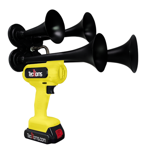 TecHorns Yellow 4-Horn – bold single color handheld train horn, 130 dB loud with 20V lithium battery