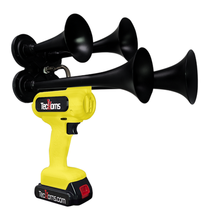 TecHorns Yellow 4-Horn – bold single color handheld train horn, 130 dB loud with 20V lithium battery