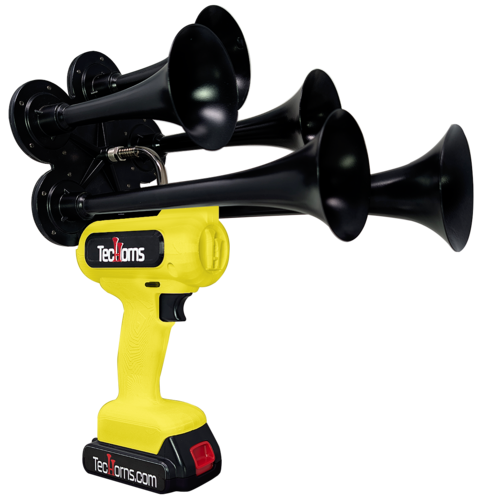 TecHorns Yellow 5-Horn – bright single color handheld train horn, 130 dB deep-tone with 20V lithium battery