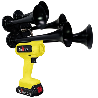 TecHorns Yellow 5-Horn – bright single color handheld train horn, 130 dB deep-tone with 20V lithium battery