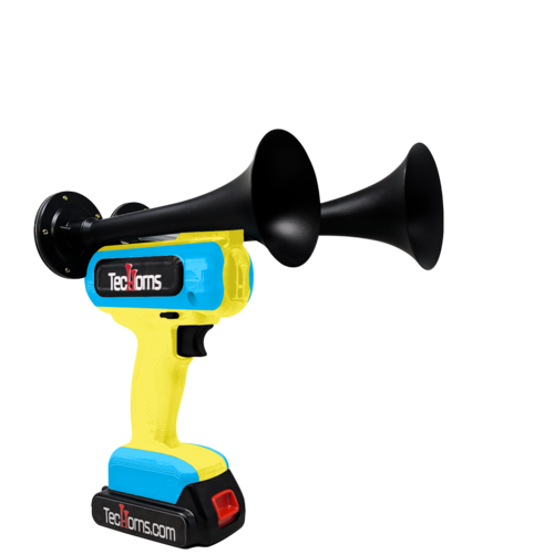 TecHorns Yellow and Baby Blue 2-Horn – dual color handheld train horn, 20V lithium battery powered, 130 dB blast