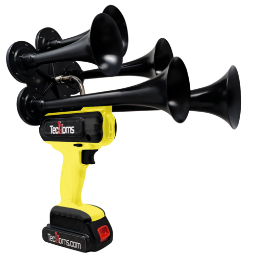 TecHorns Yellow and Black 5-Horn – striking dual color handheld train horn, 20 V lithium battery powered, 130 dB sound