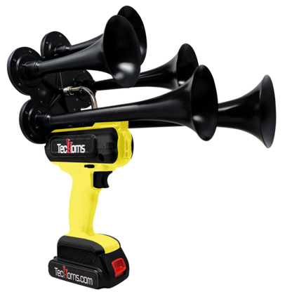 TecHorns Yellow and Black 5-Horn – striking dual color handheld train horn, 20 V lithium battery powered, 130 dB sound