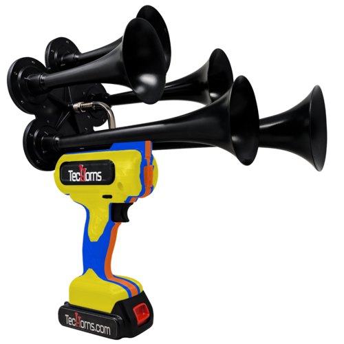 TecHorns Yellow, Blue, and Orange 5-Horn – triple color handheld train horn, 130 dB with 20 V lithium battery and charger included