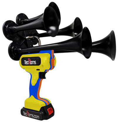 TecHorns Yellow, Blue, and Orange 5-Horn – triple color handheld train horn, 130 dB with 20 V lithium battery and charger included