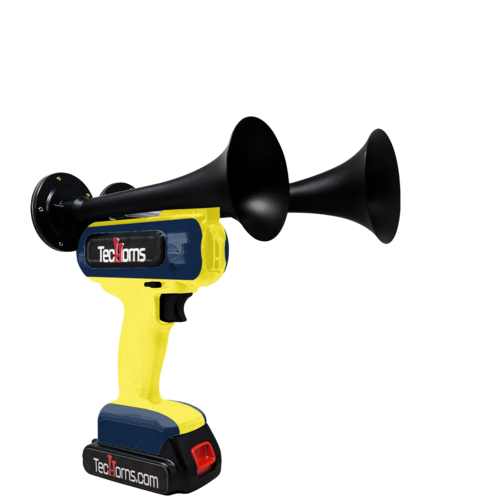 TecHorns Yellow and Navy Blue 2-Horn – striking dual color handheld train horn with 20V lithium battery included