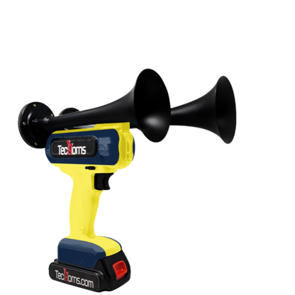 TecHorns Yellow and Navy Blue 2-Horn – striking dual color handheld train horn with 20V lithium battery included